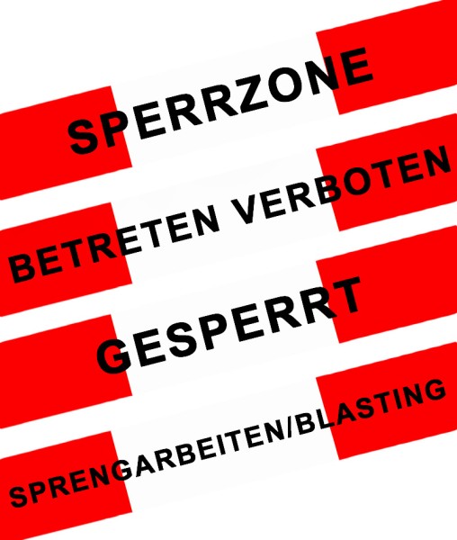 Absperrband rot/weiß 8 cm, 500 m, mit Standardtexten, Sprengarbeiten, Sperrzone, Gesperrt, Beteten verboten